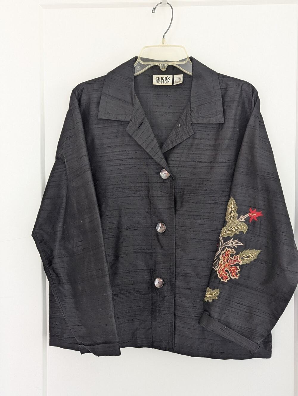 Vtg Chico's Design Black 100% Raw Silk Floral Embroidery Jacket Sz2 (L) EUC